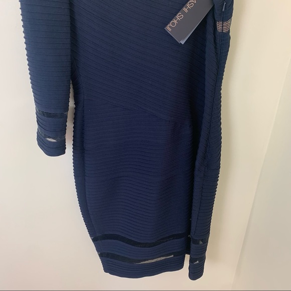 NWT Tadashi Shoji One Shoulder Mesh Illusion Cutout Navy Blue Dress in Large - Picture 3 of 16